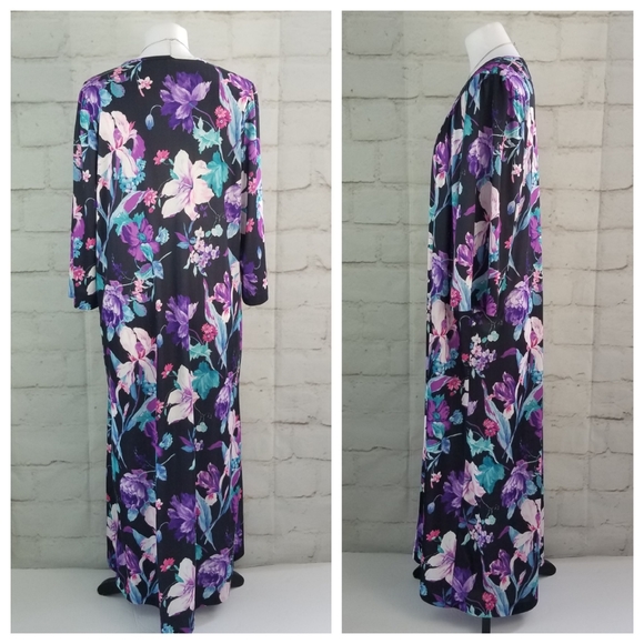 Vintage M/L Black Floral 3/4 Sleeve Maxi Muumuu House Dress 1/2 Zip Pullover - Picture 6 of 8
